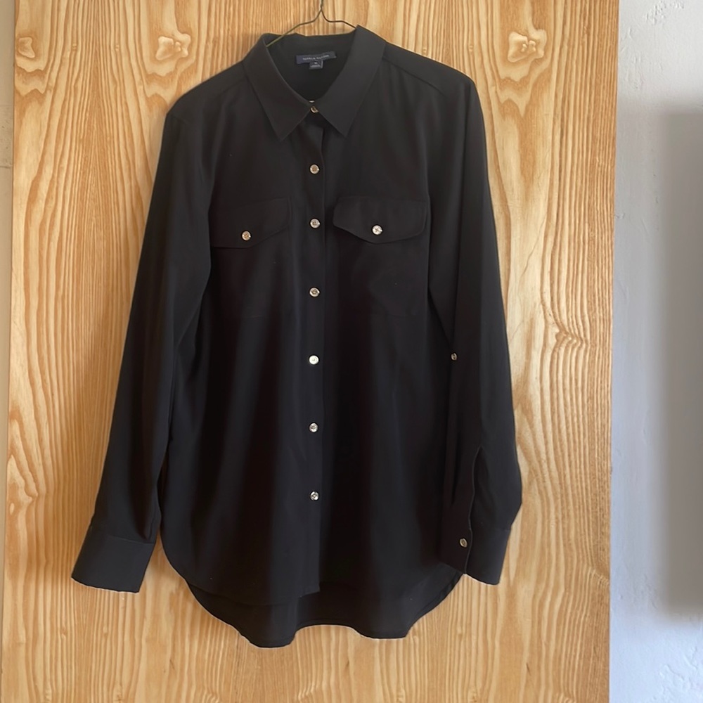 Tommy Hilfiger black button down with gold button detail.